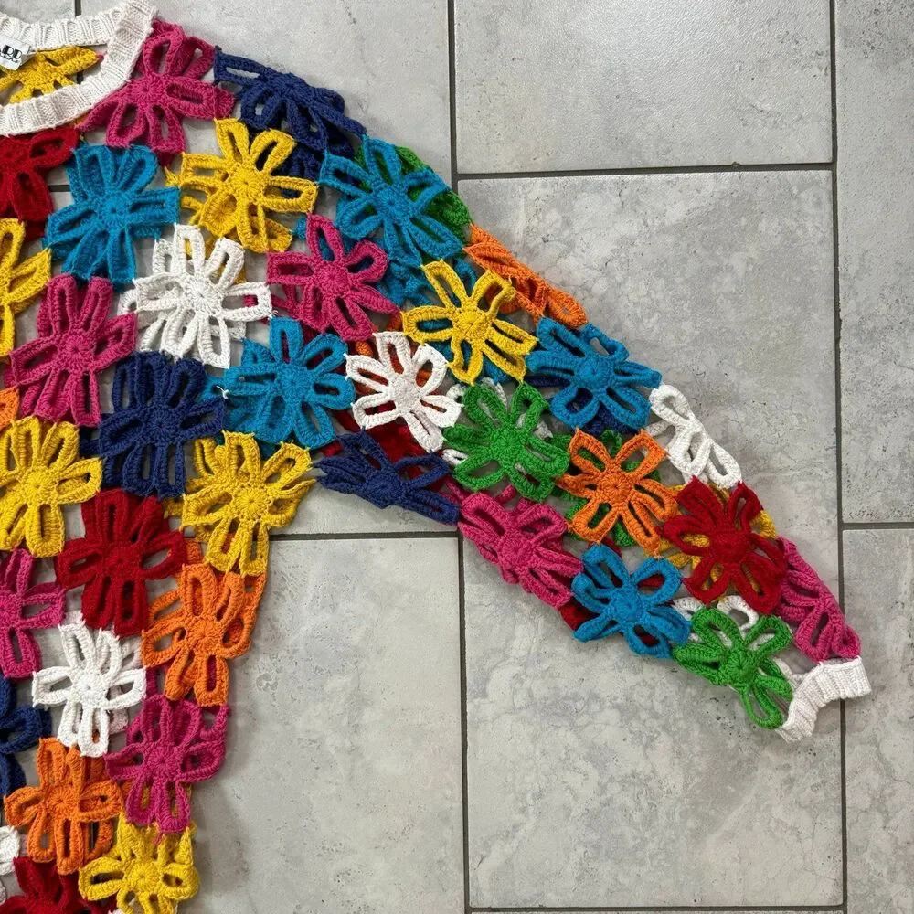 VINTAGE 80s Floral Crochet Mesh Handknit Unique Sweater Size XL Multicolor RARE